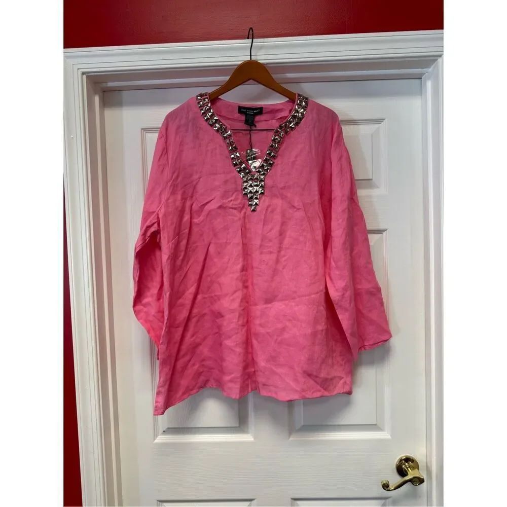 Saint Tropez West Woman Pink 100% Linen Silver Embellished Tunic Top Blouse sz 2